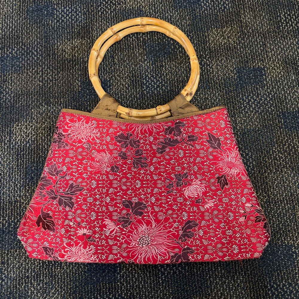 Floral Red Handbag with Bamboo Handles